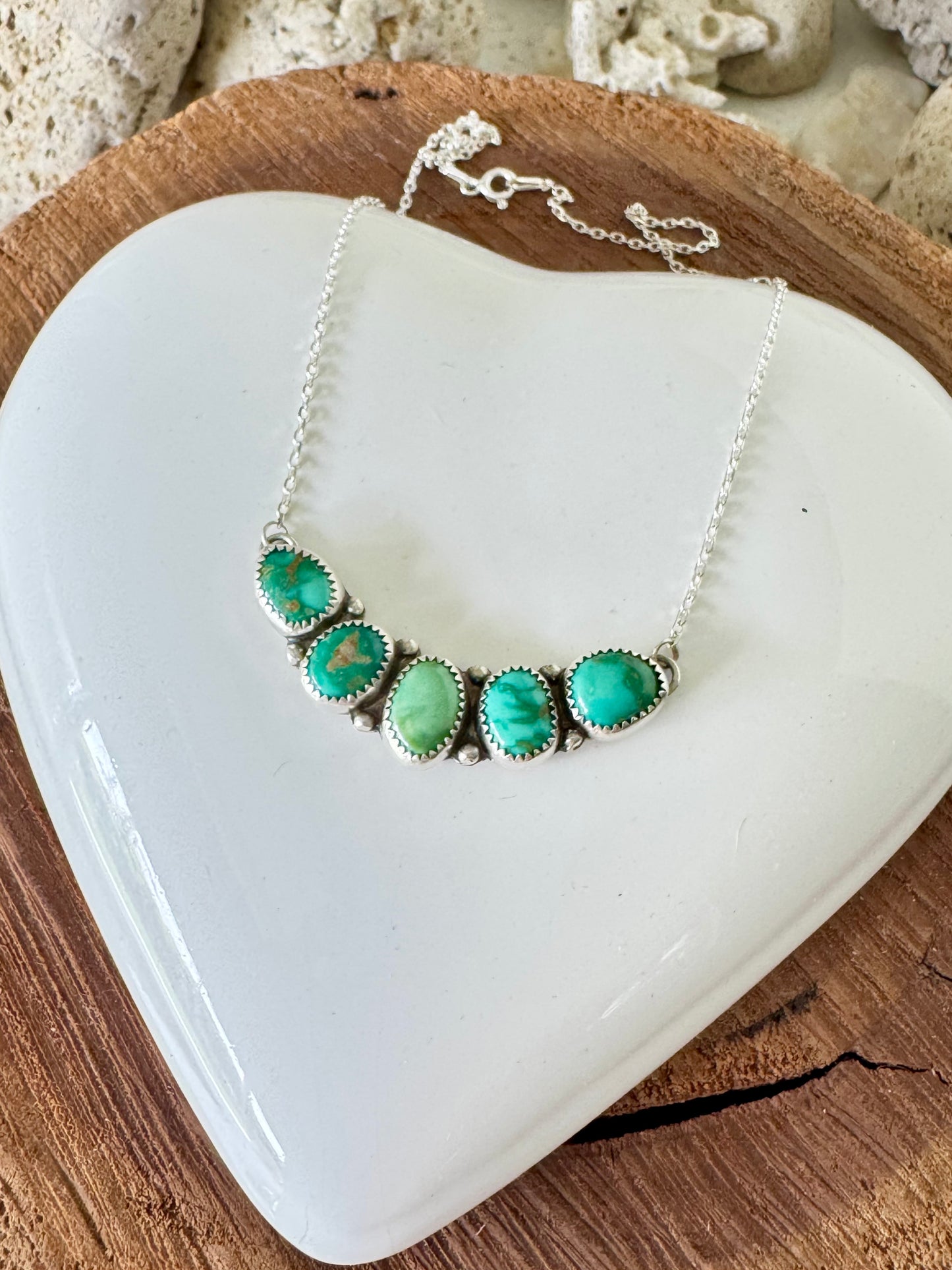 Natural turquoise. Emerald Valley Turquoise. Multi stone sterling silver necklace