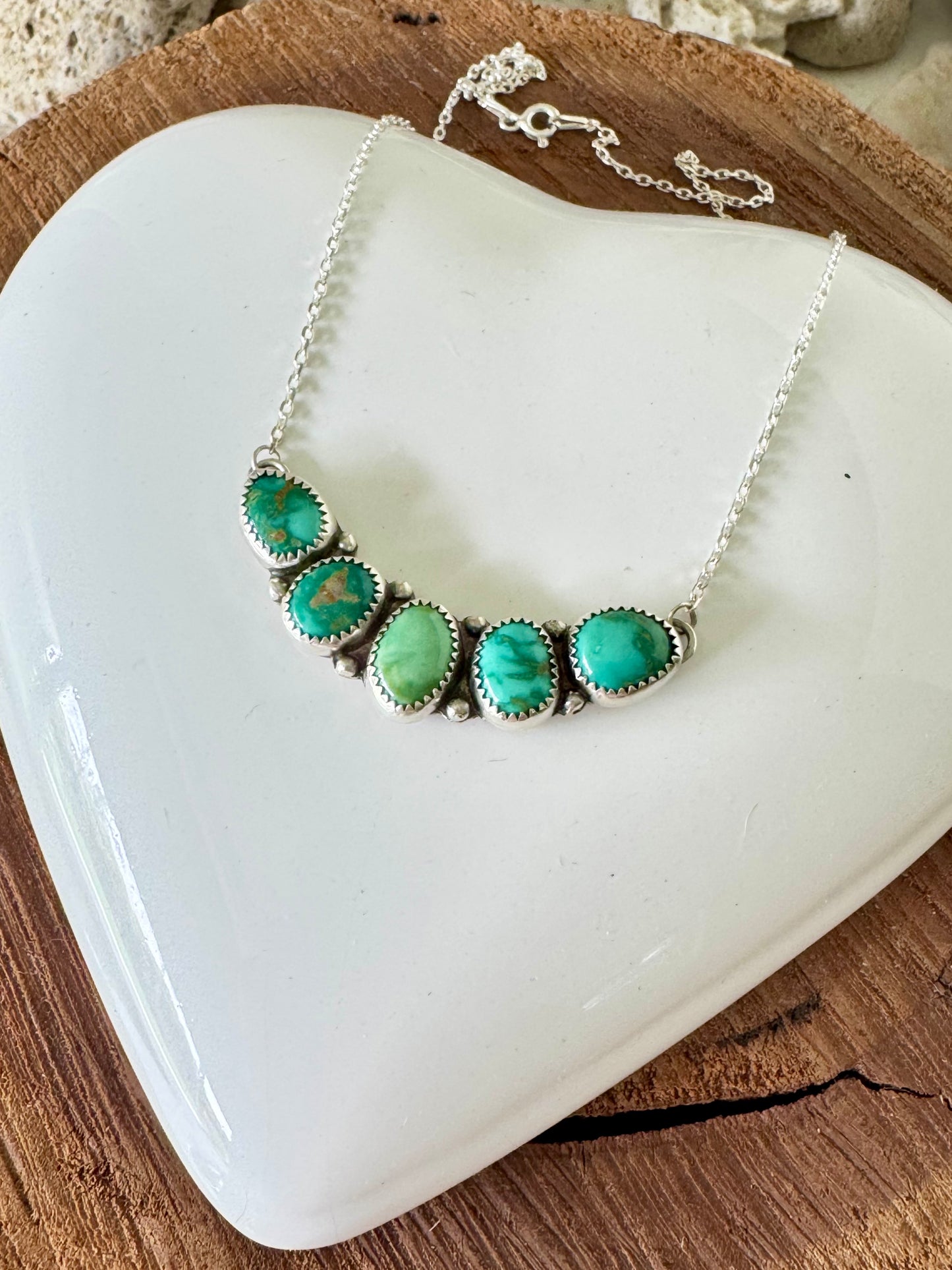 Natural turquoise. Emerald Valley Turquoise. Multi stone sterling silver necklace