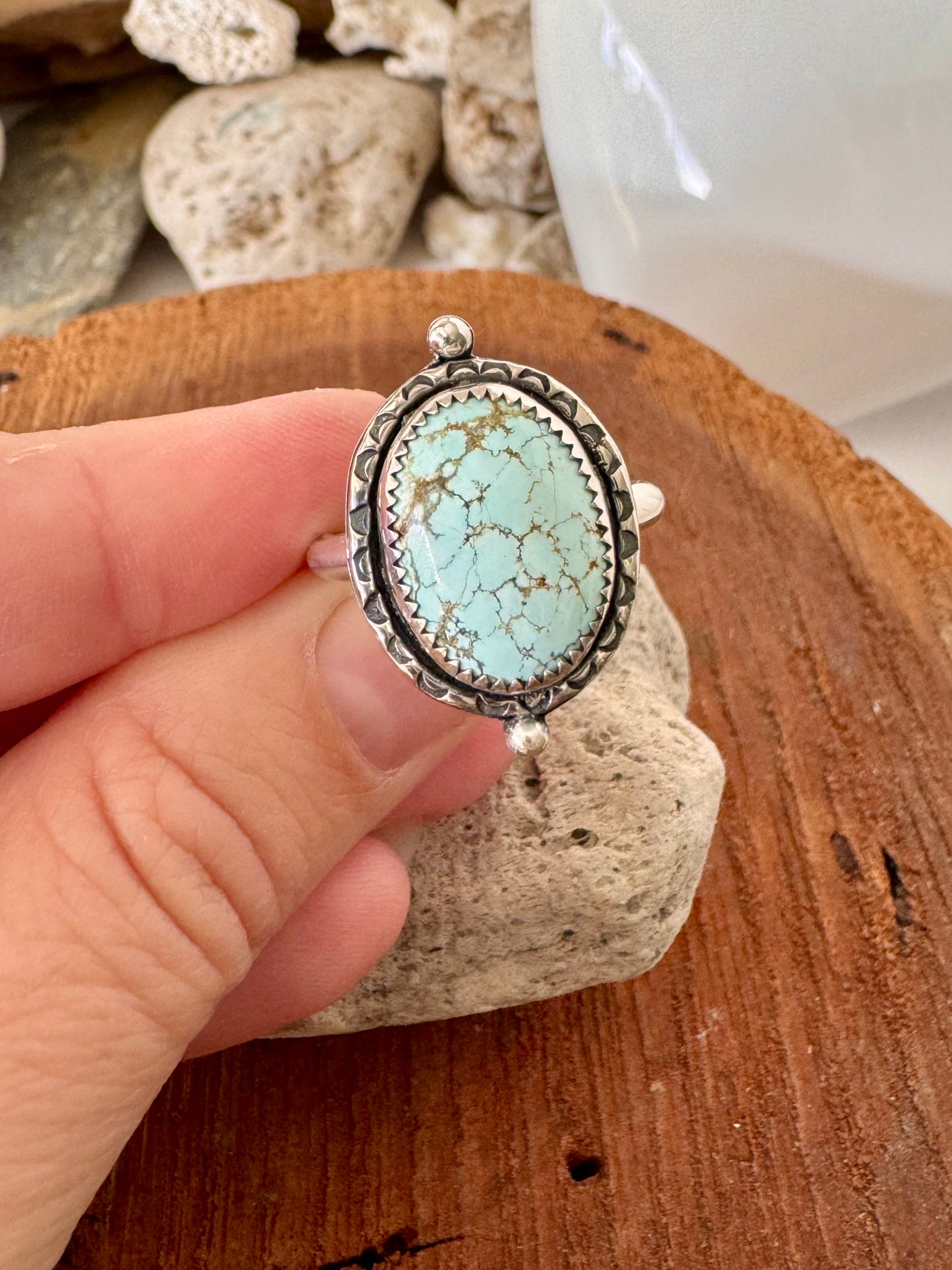Number 8 turquoise ring. Handmade Shy Dragonfly turquoise ring size 10.5