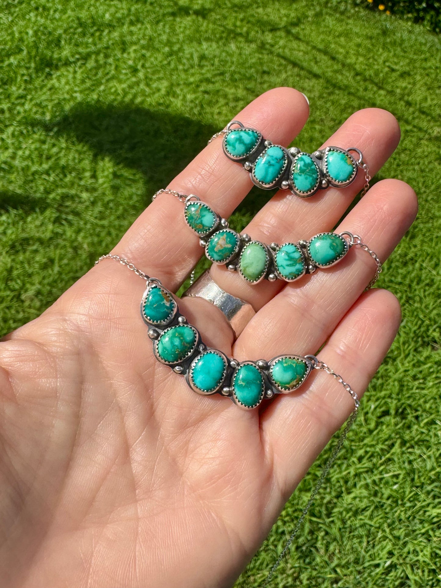 Natural turquoise. Emerald Valley Turquoise. Multi stone sterling silver necklace