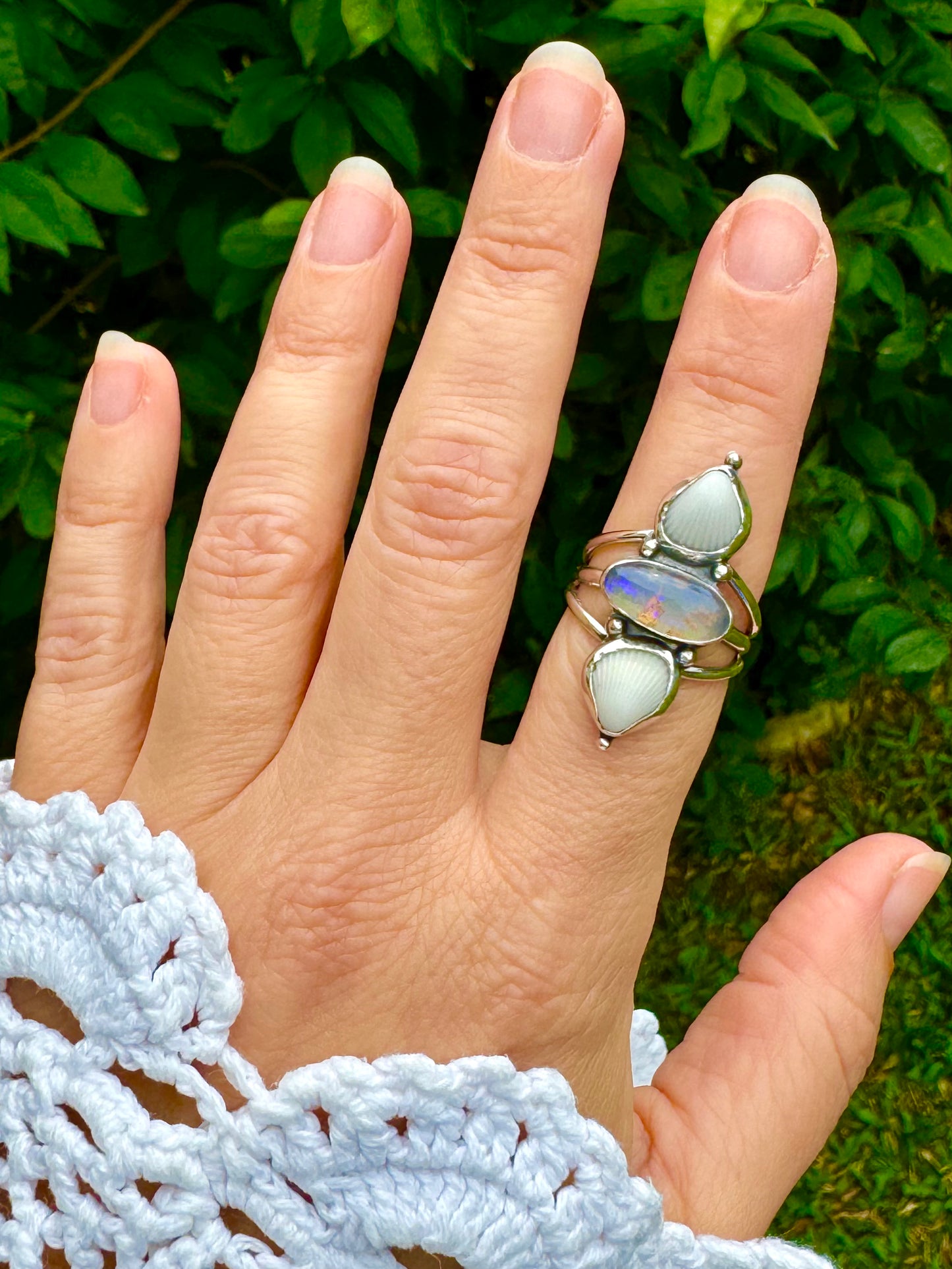 The Oceana Collection triple seashell ring with opal Size 8 (P)