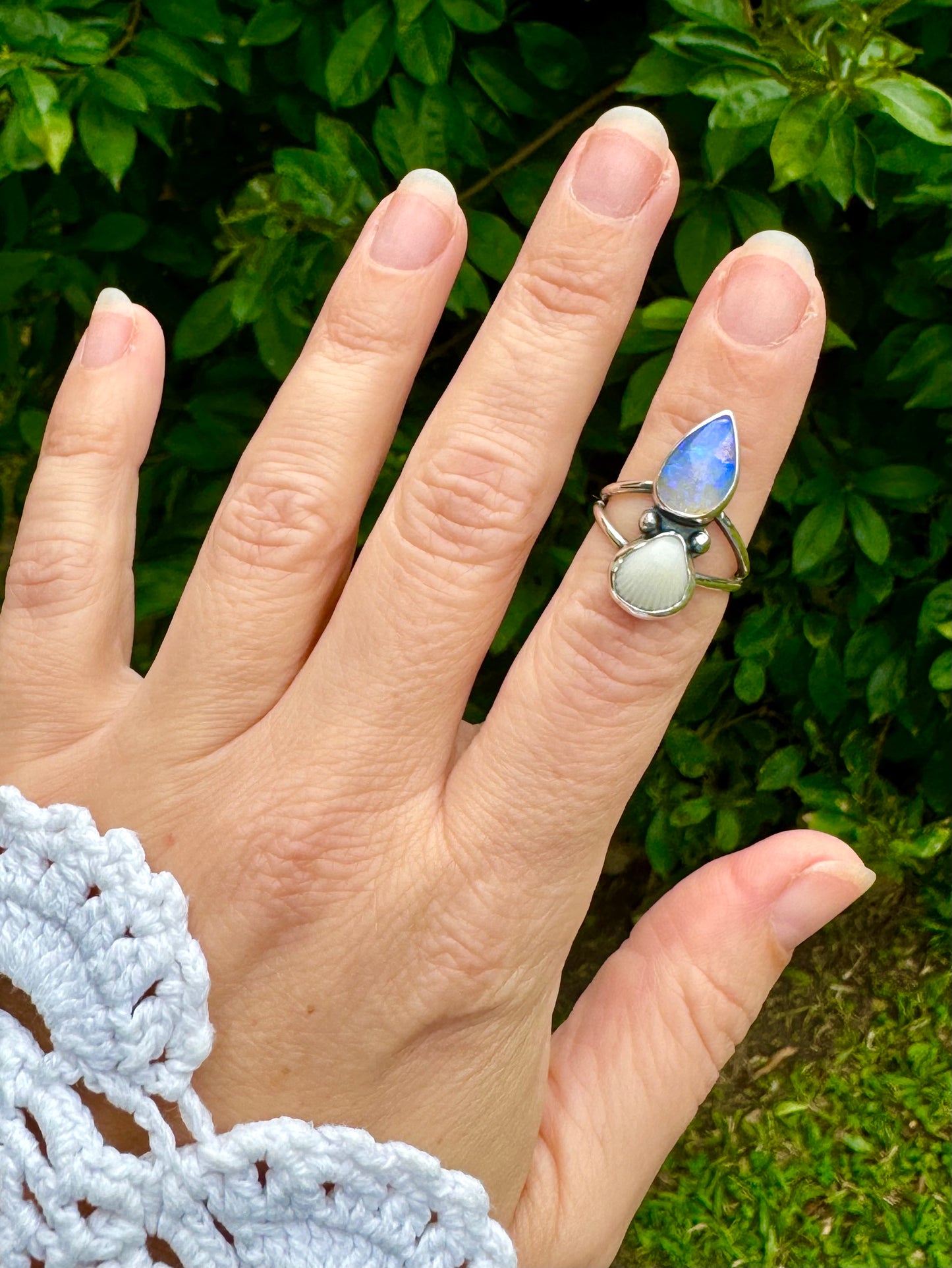 The Oceana Collection double seashell ring with opal Size 6 (L)