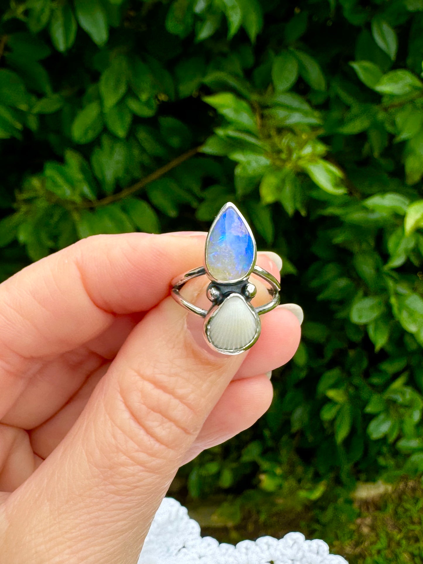 The Oceana Collection double seashell ring with opal Size 6 (L)