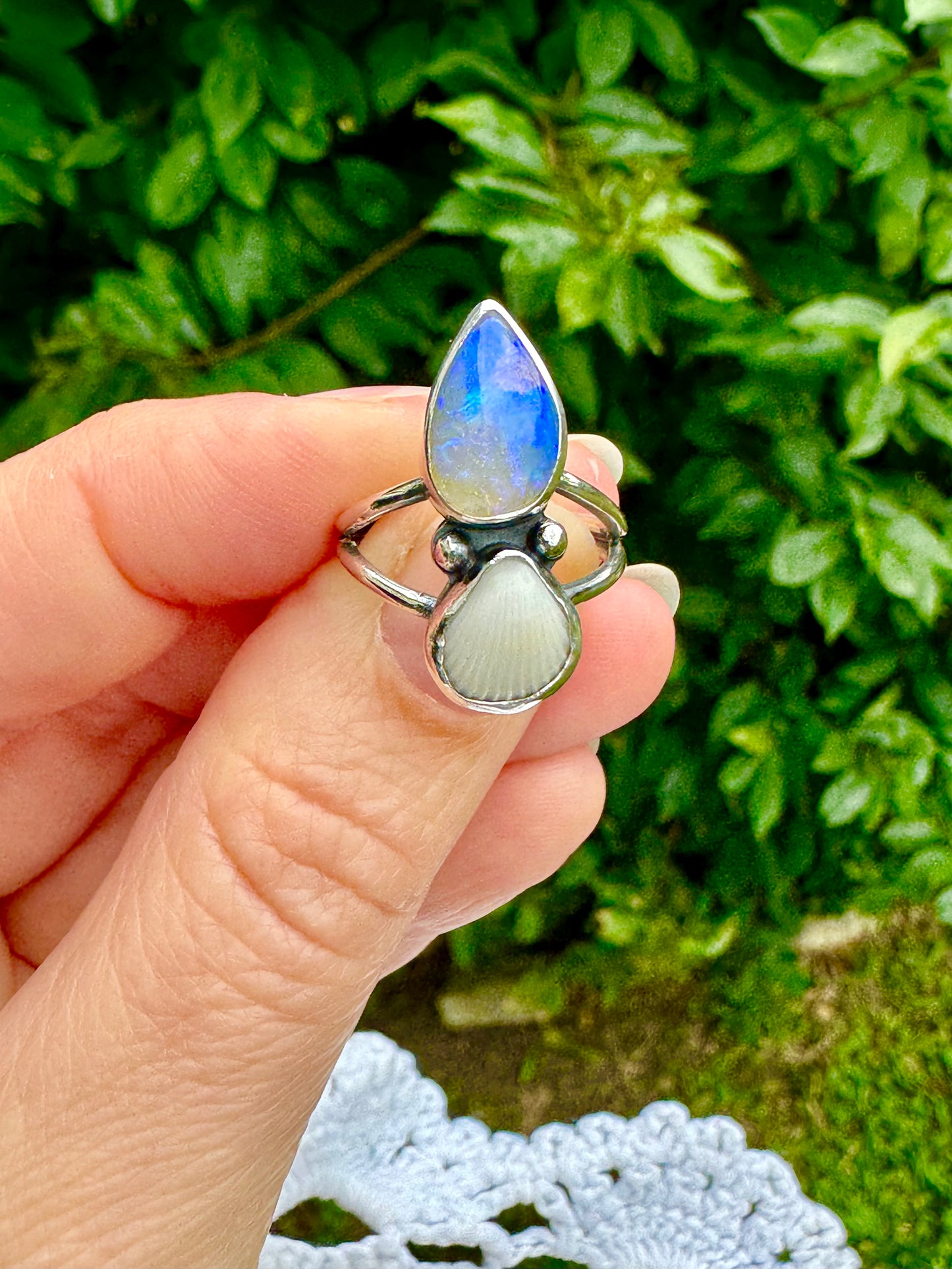 The Oceana Collection double seashell ring with opal Size 6 (L)