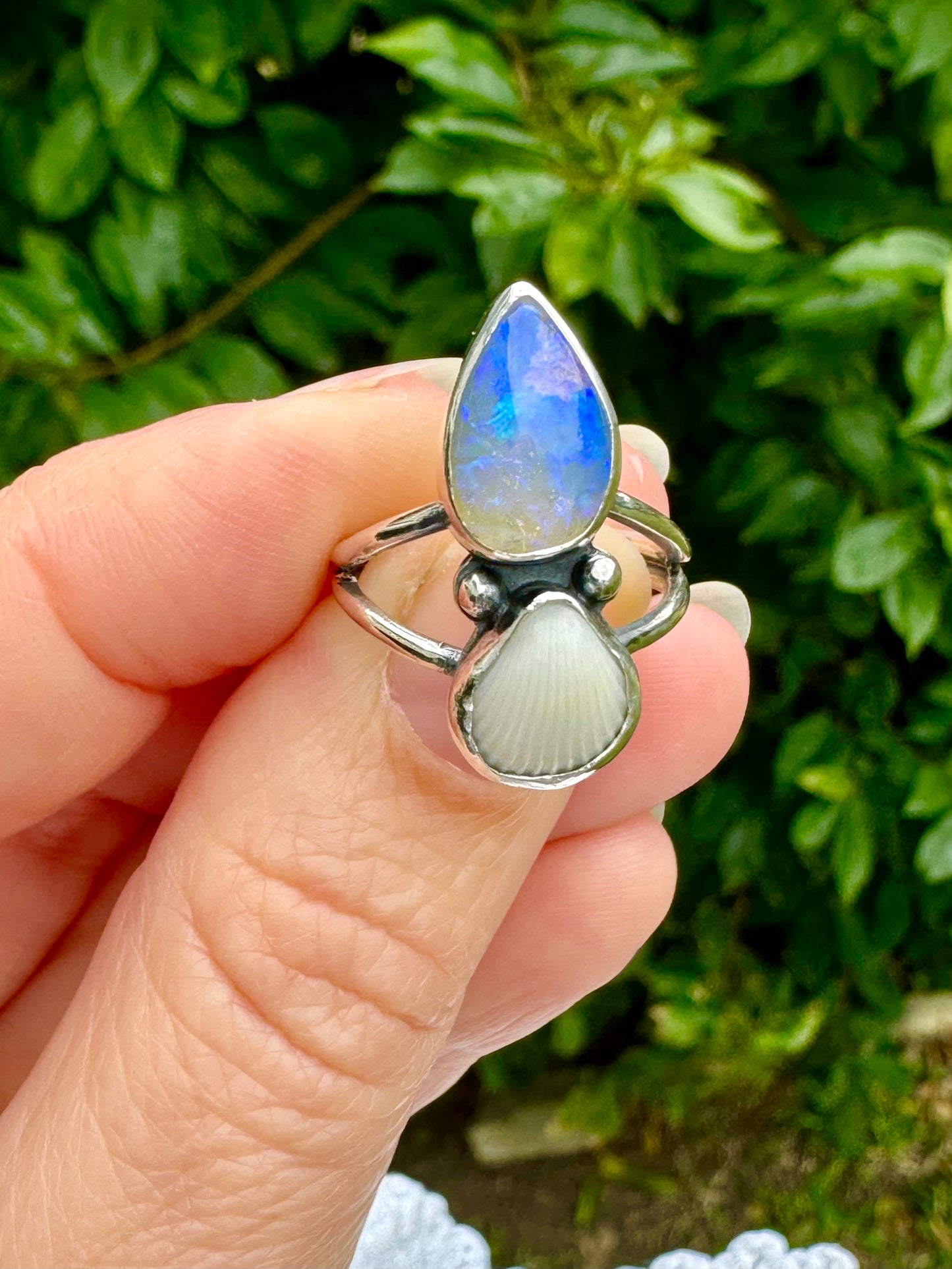 The Oceana Collection double seashell ring with opal Size 6 (L)