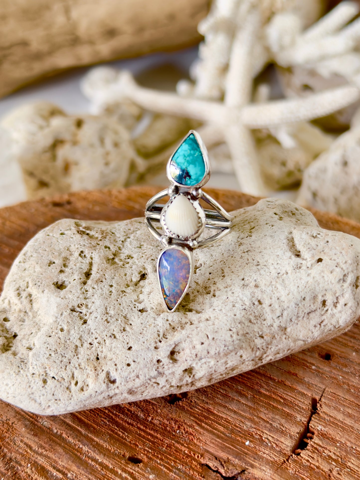 The Oceana Collection triple seashell ring with turquoise and opal Size 7.25 (O)