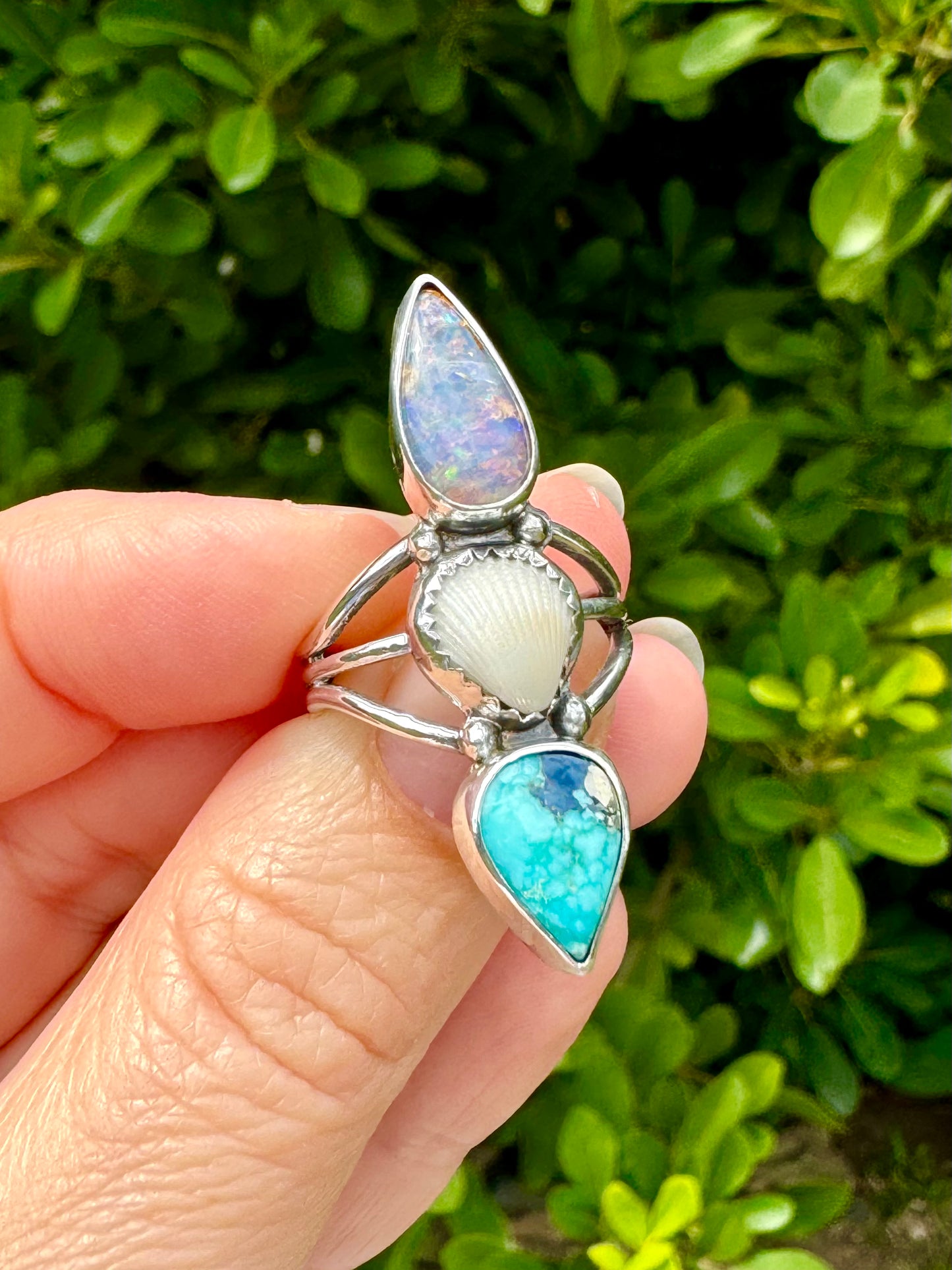 The Oceana Collection triple seashell ring with turquoise and opal Size 7.25 (O)