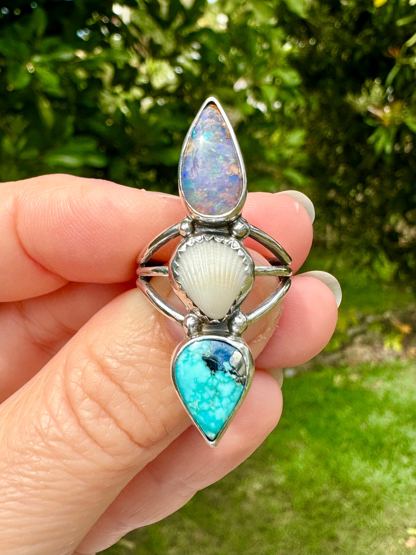 The Oceana Collection triple seashell ring with turquoise and opal Size 7.25 (O)