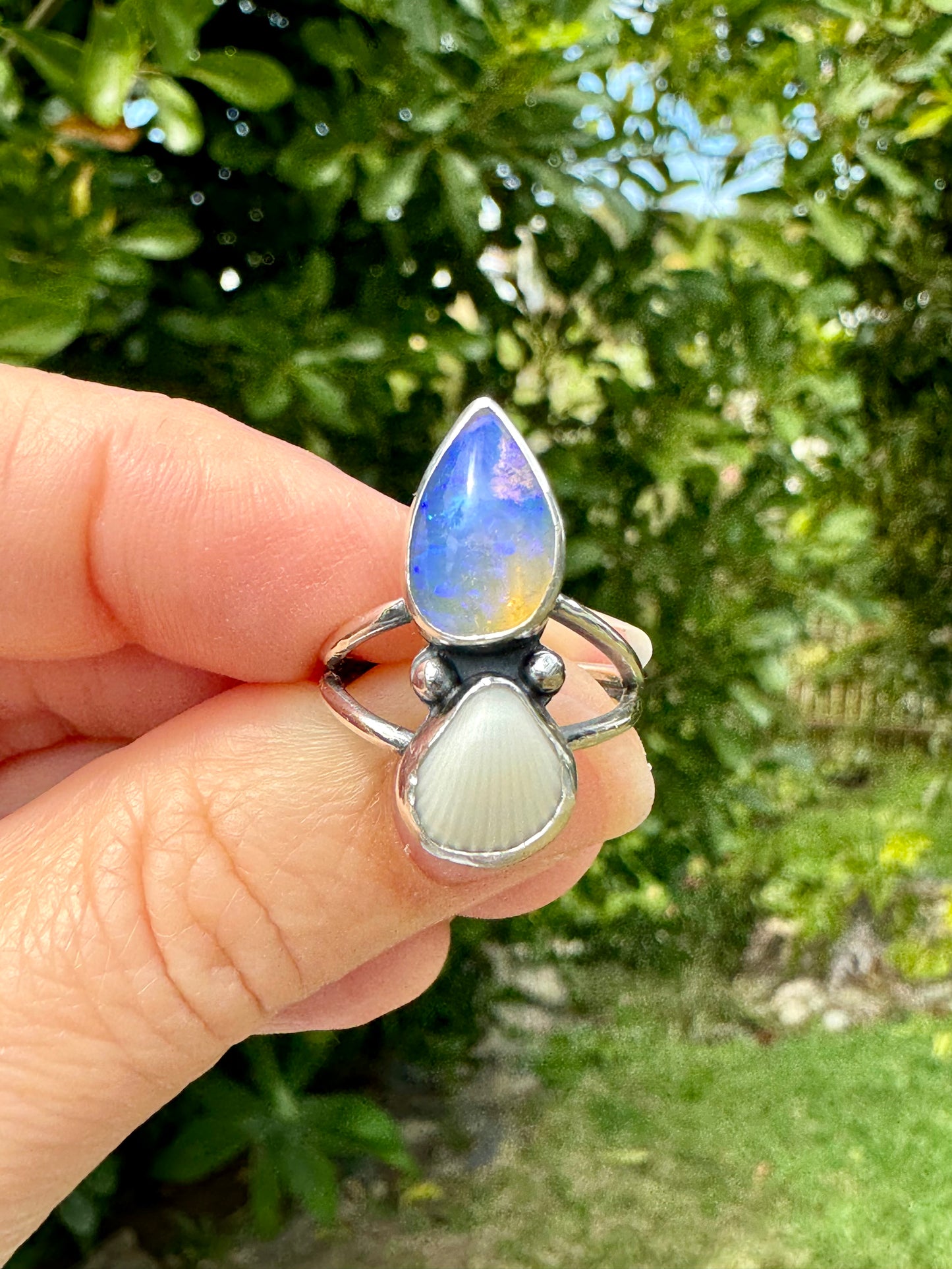 The Oceana Collection double seashell ring with opal Size 6 (L)