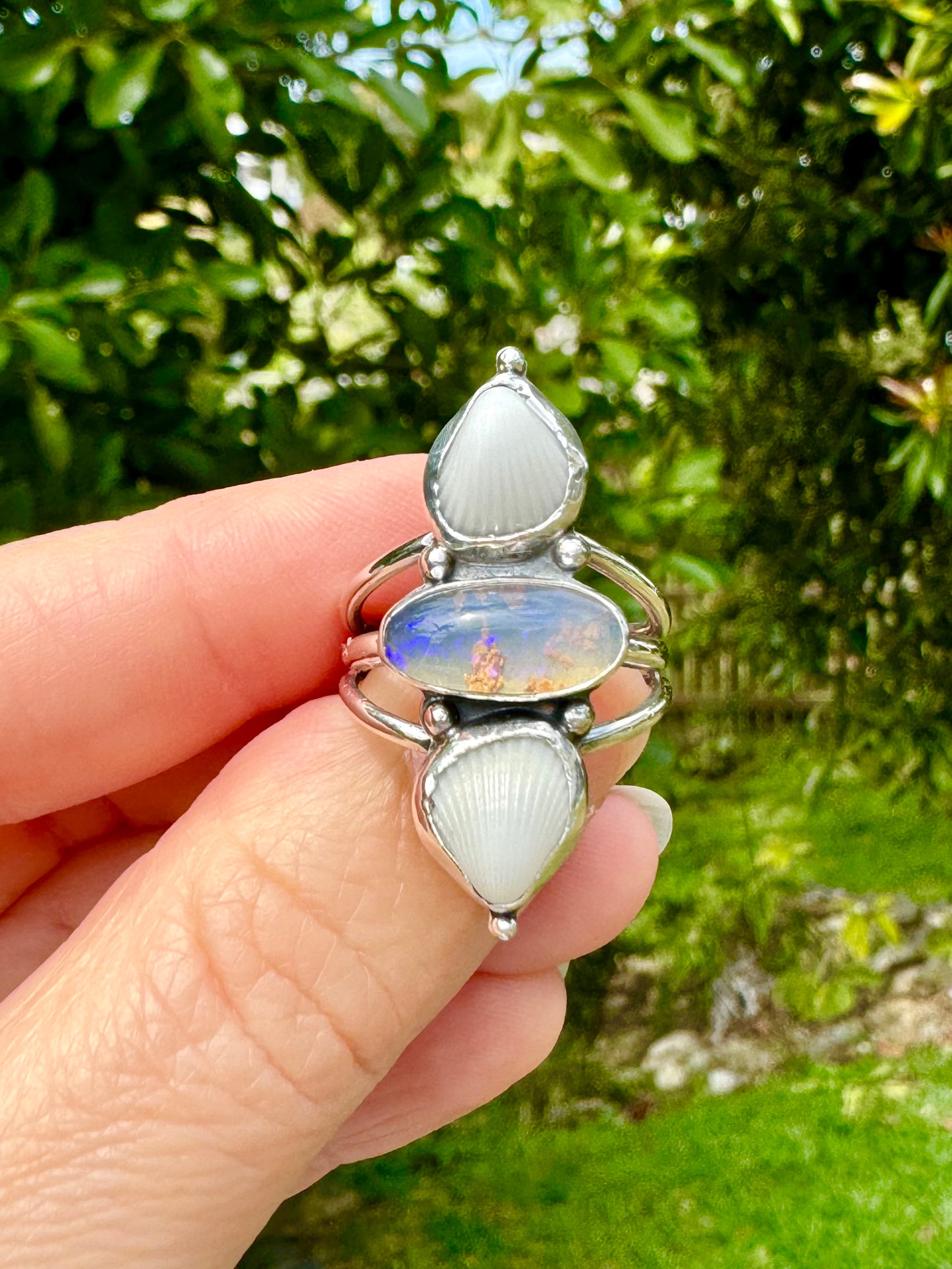 The Oceana Collection triple seashell ring with opal Size 8 (P)