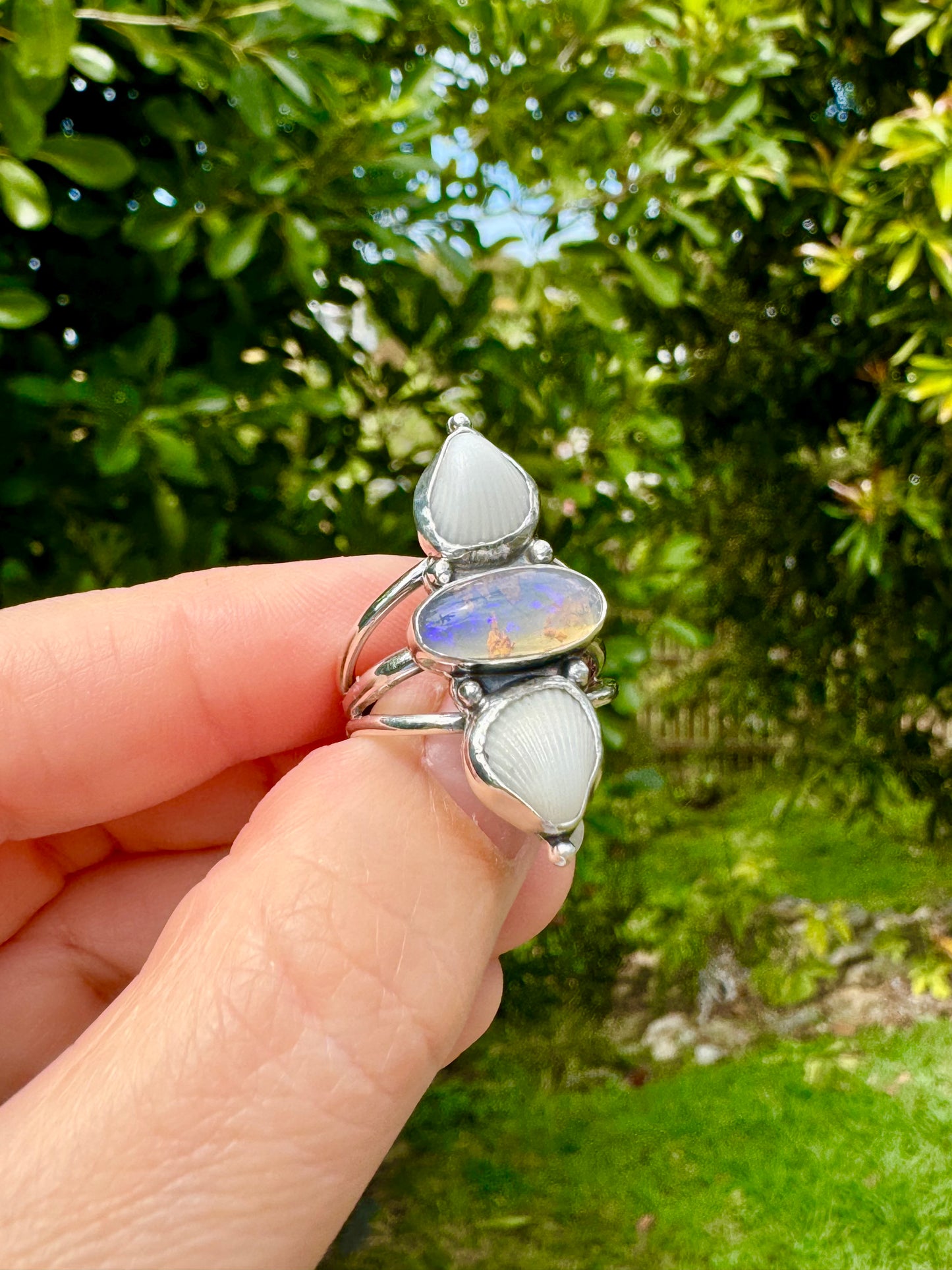 The Oceana Collection triple seashell ring with opal Size 8 (P)