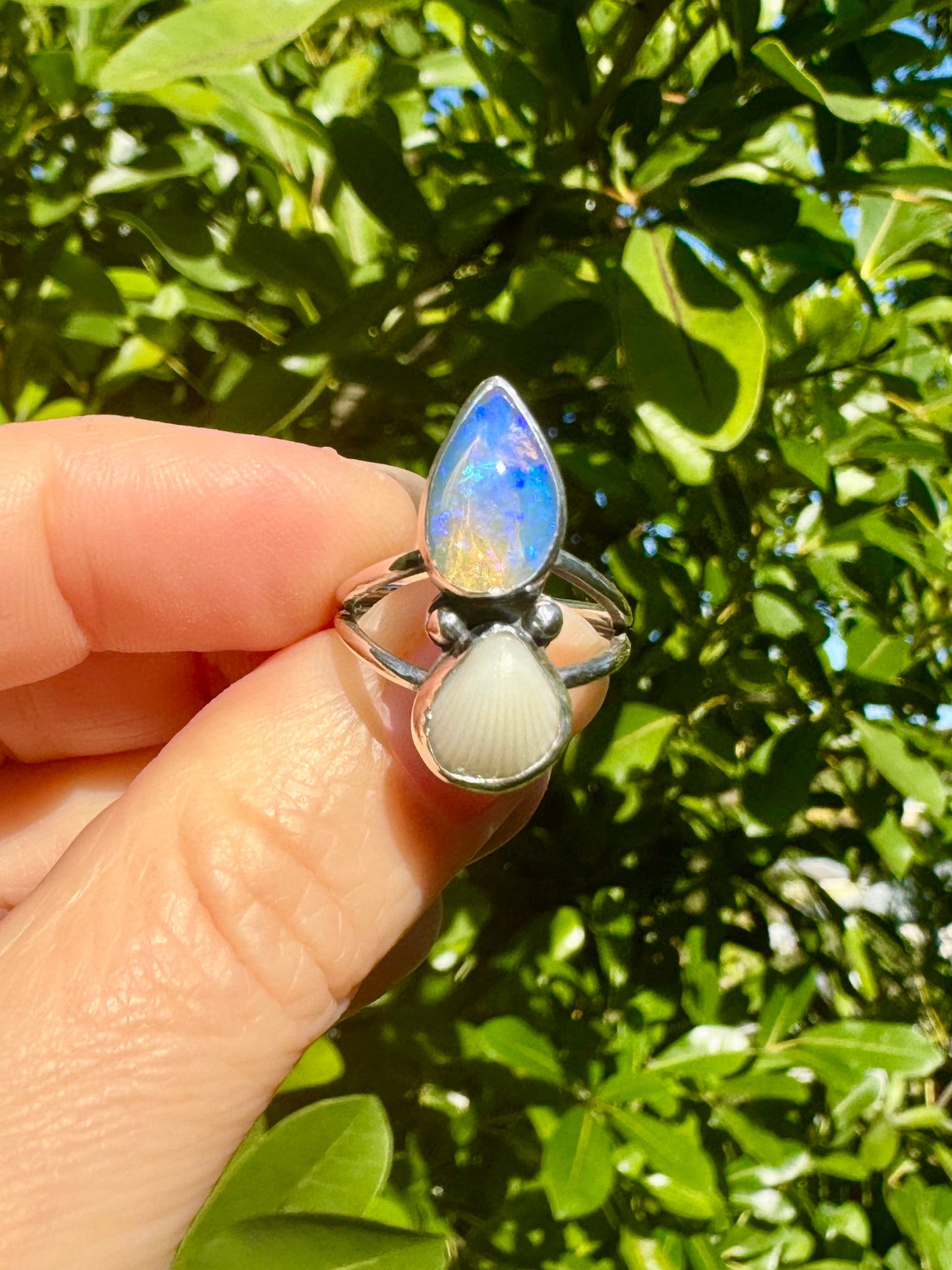 The Oceana Collection double seashell ring with opal Size 6 (L)