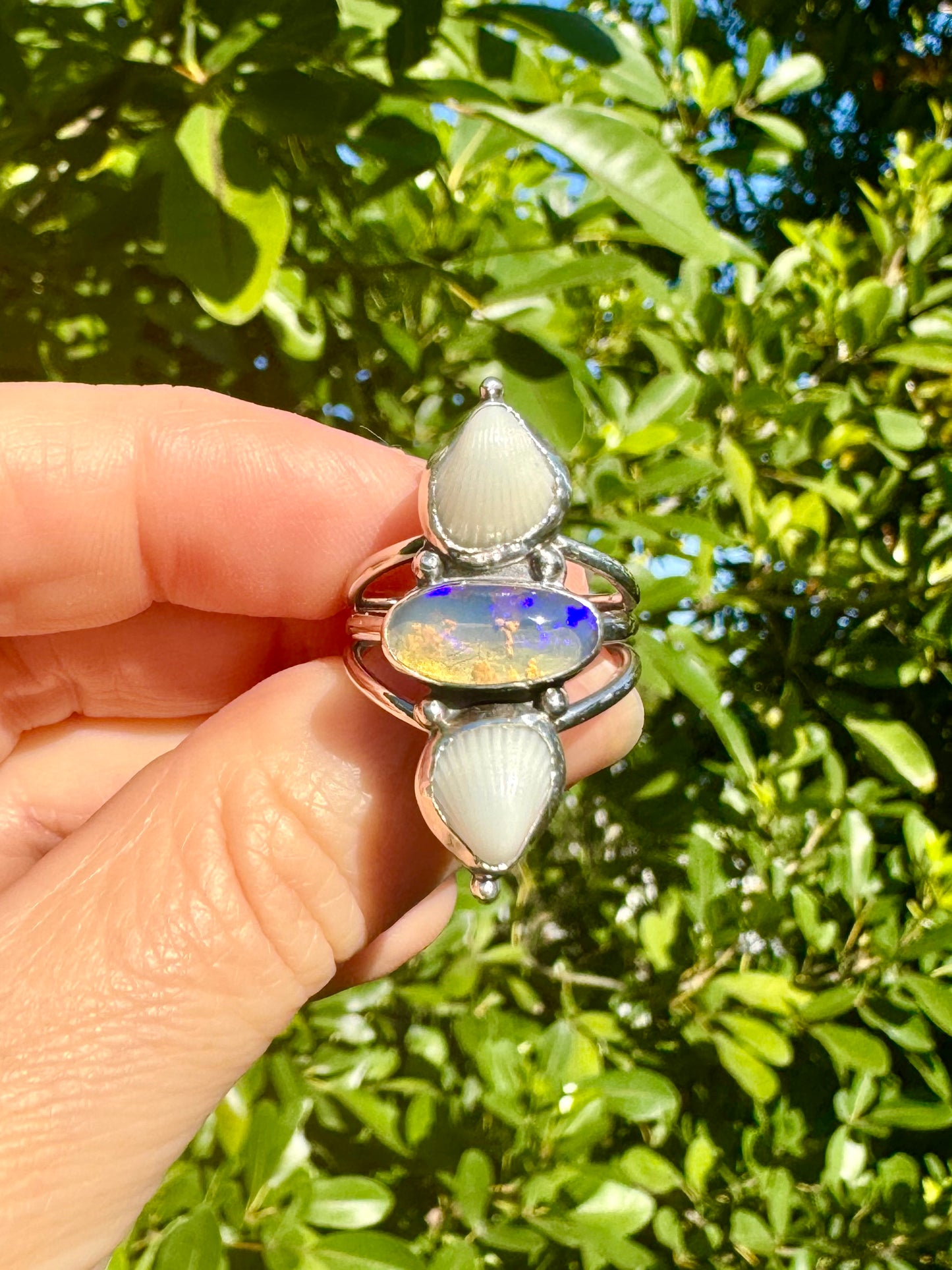 The Oceana Collection triple seashell ring with opal Size 8 (P)