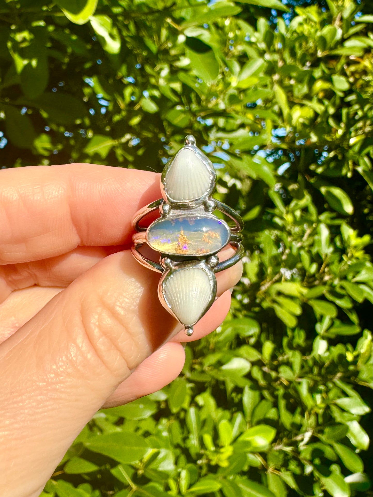 The Oceana Collection triple seashell ring with opal Size 8 (P)