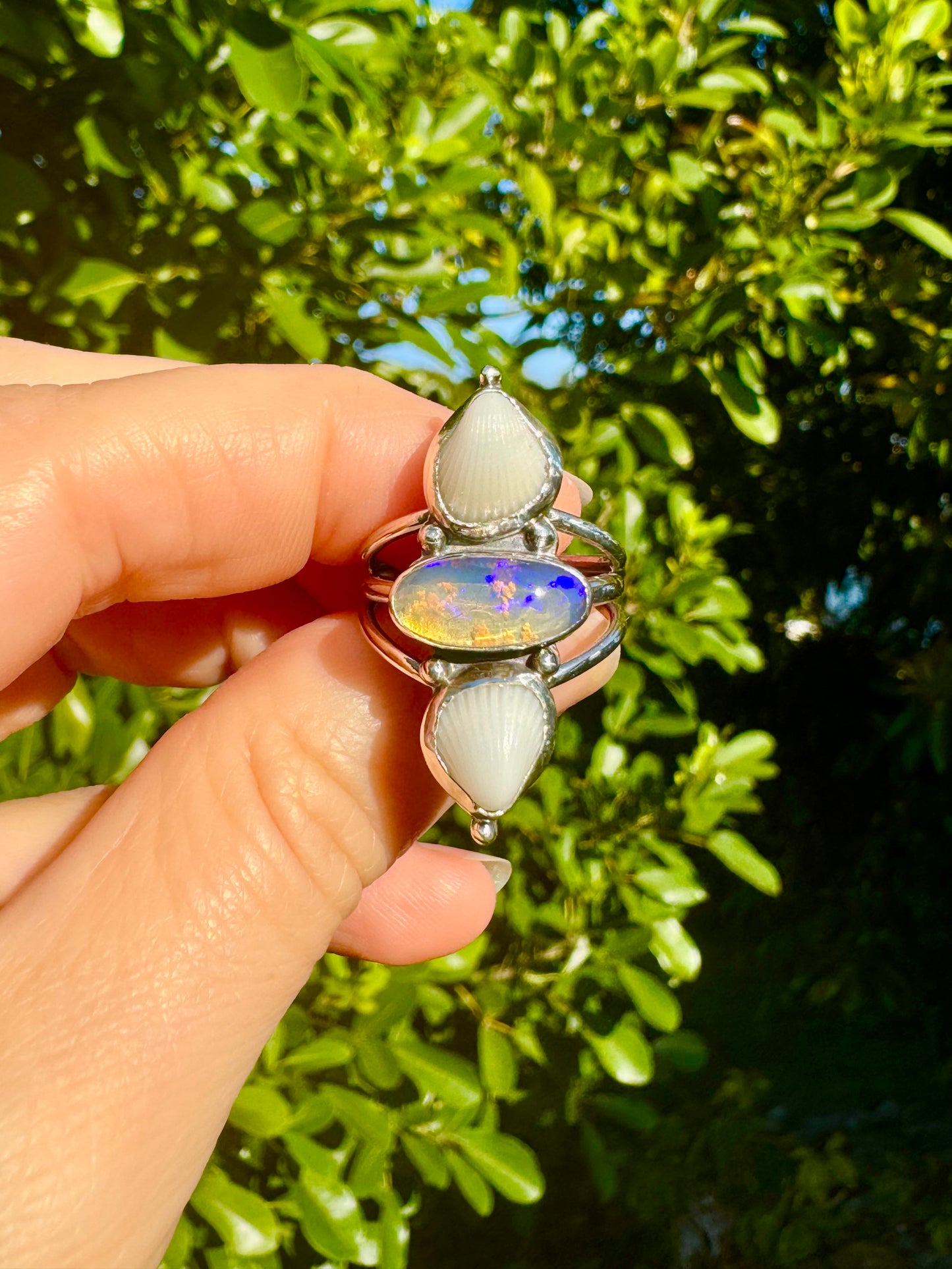 The Oceana Collection triple seashell ring with opal Size 8 (P)