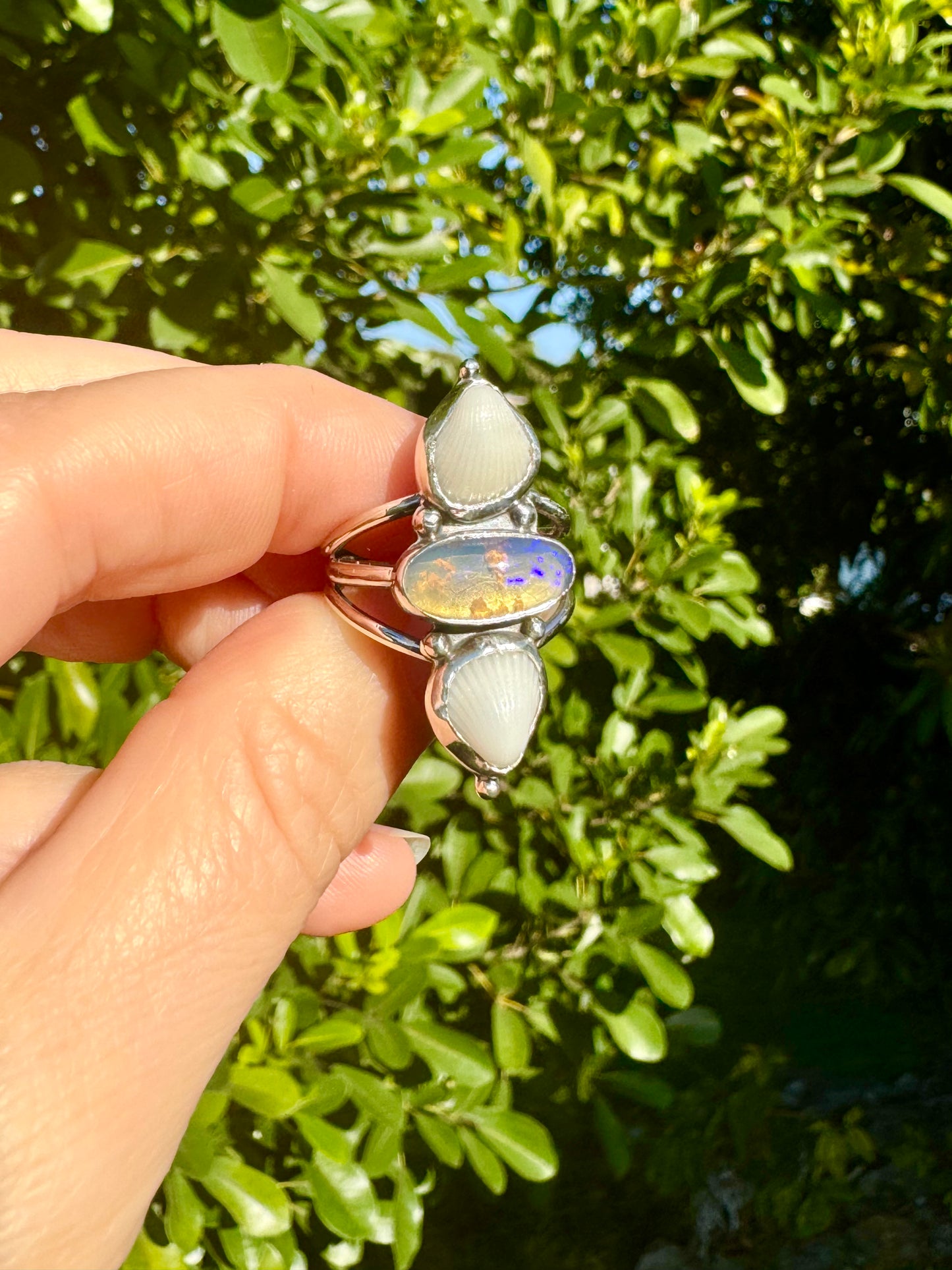 The Oceana Collection triple seashell ring with opal Size 8 (P)