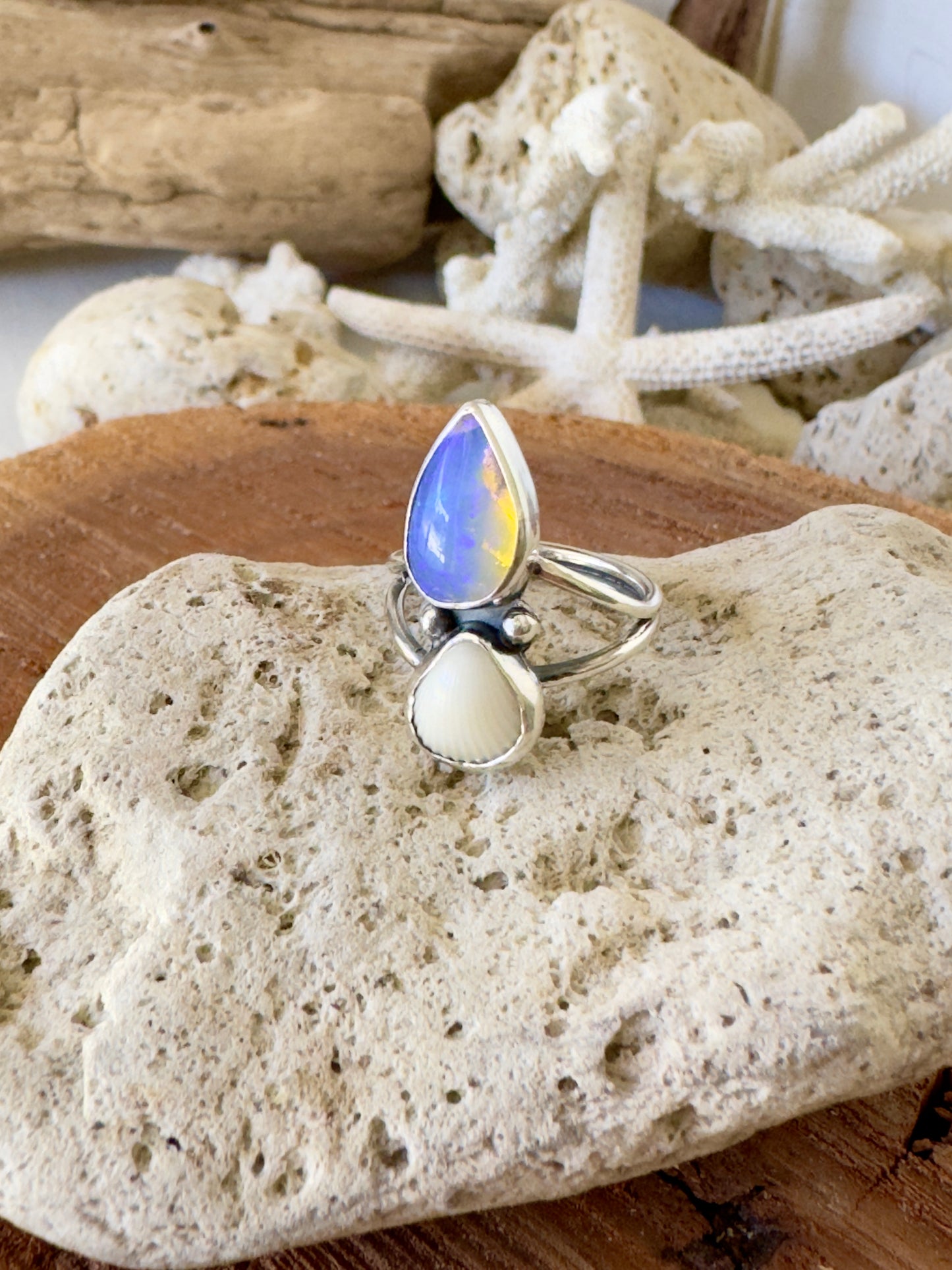 The Oceana Collection double seashell ring with opal Size 6 (L)