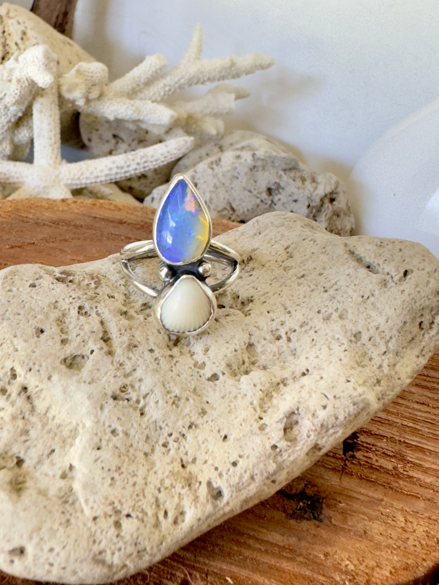 The Oceana Collection double seashell ring with opal Size 6 (L)