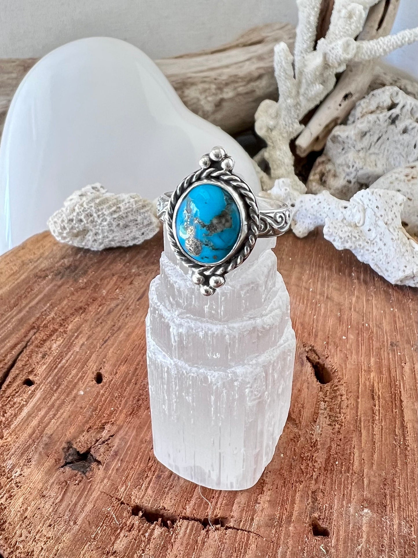 Sleeping Beauty turquoise ring. Handmade Shy Dragonfly turquoise ring size 8