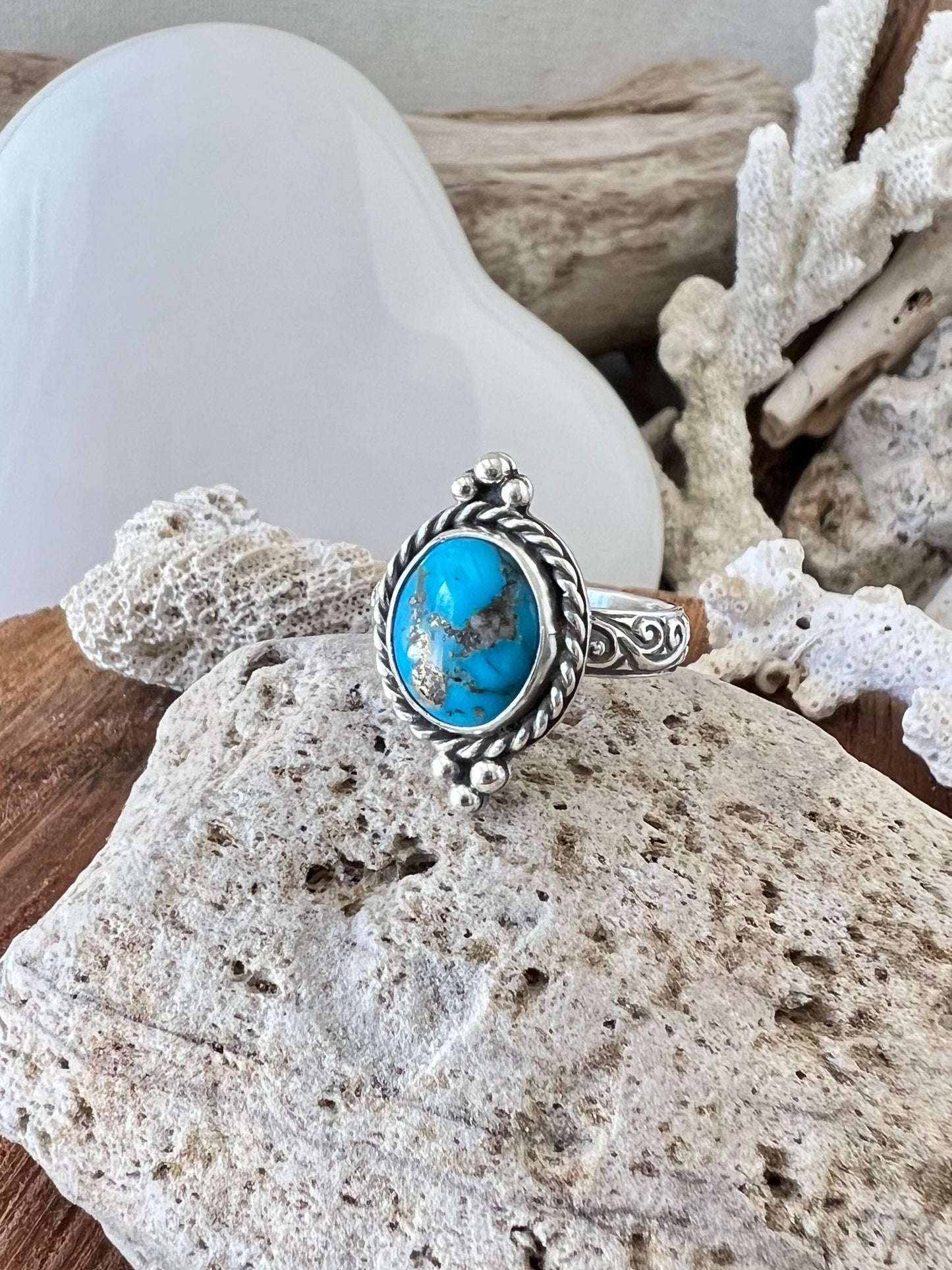 Sleeping Beauty turquoise ring. Handmade Shy Dragonfly turquoise ring size 8