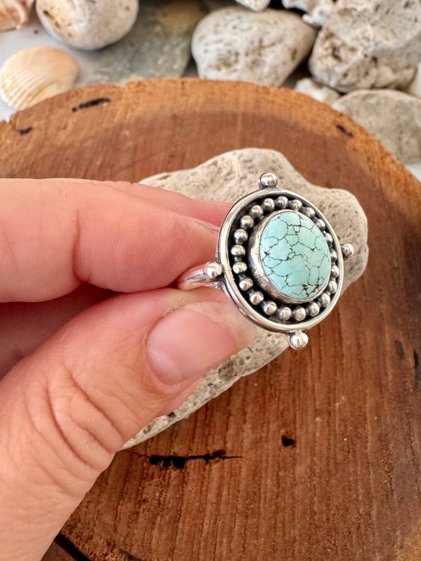 Number 8 turquoise ring. Handmade Shy Dragonfly turquoise ring size 9