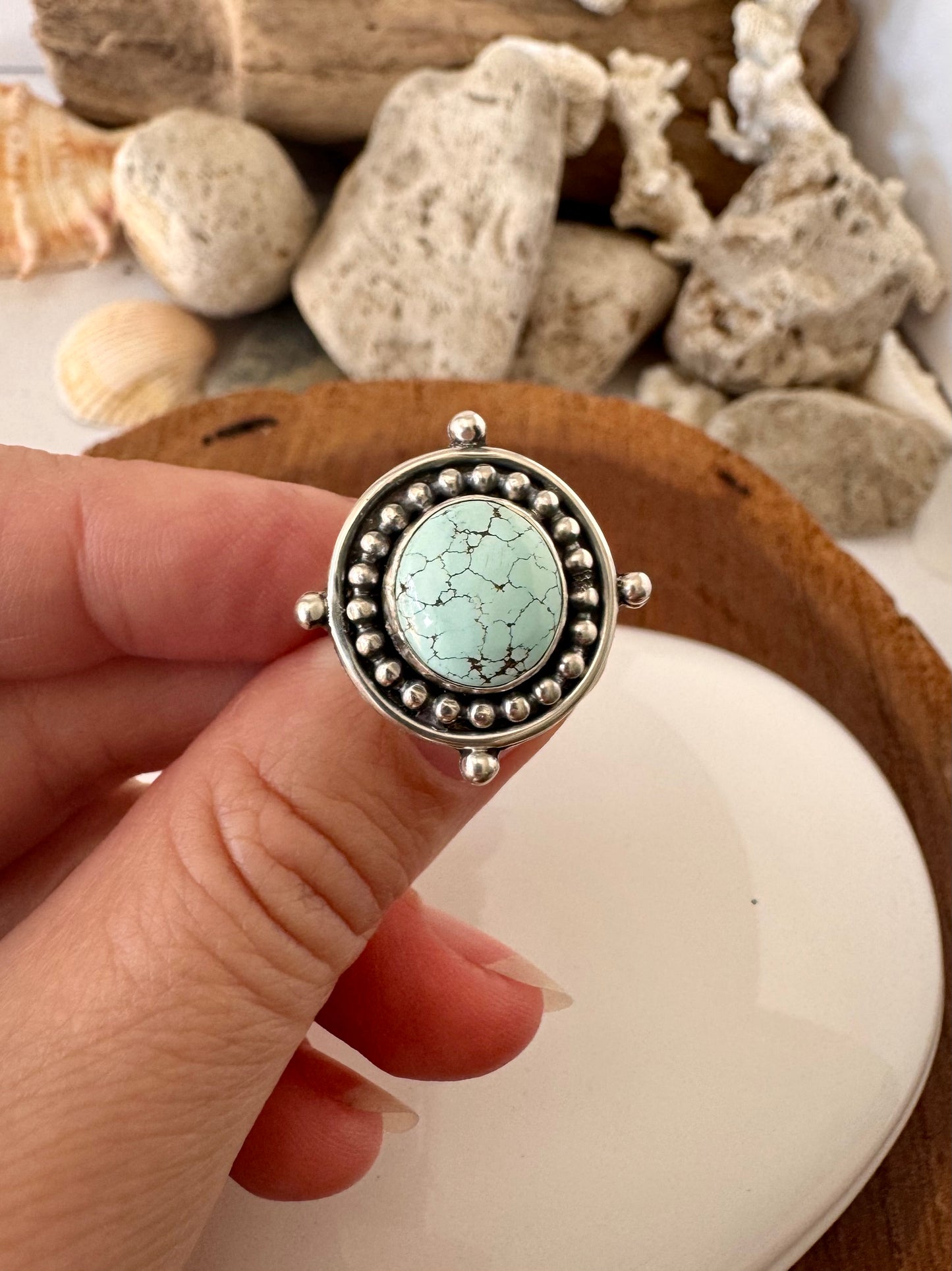 Number 8 turquoise ring. Handmade Shy Dragonfly turquoise ring size 9