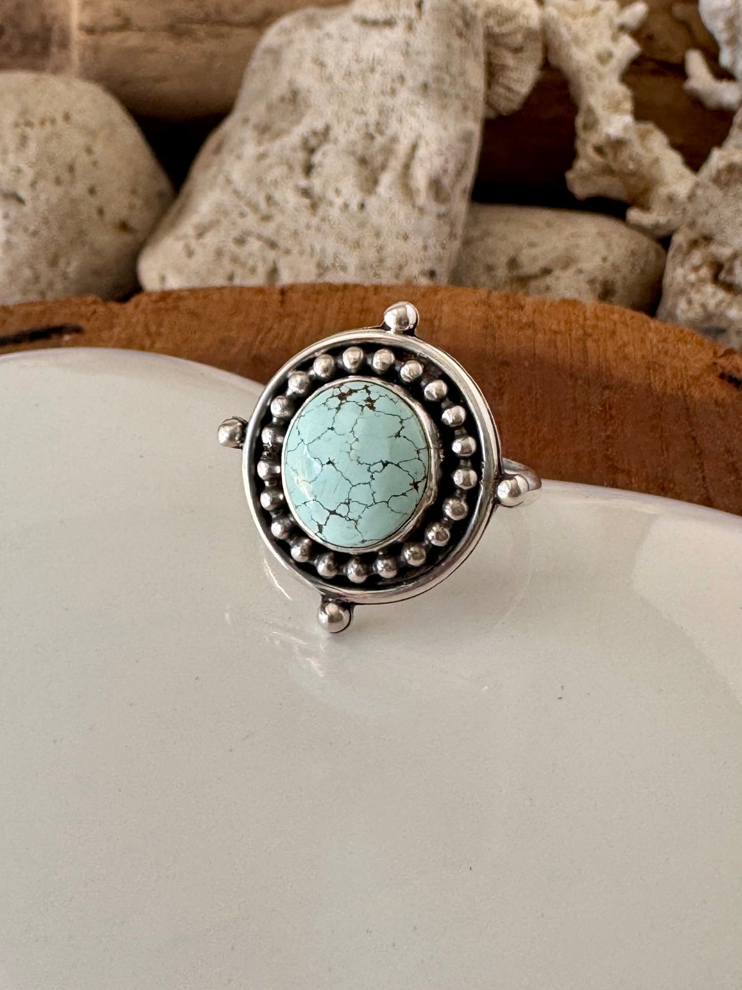 Number 8 turquoise ring. Handmade Shy Dragonfly turquoise ring size 9