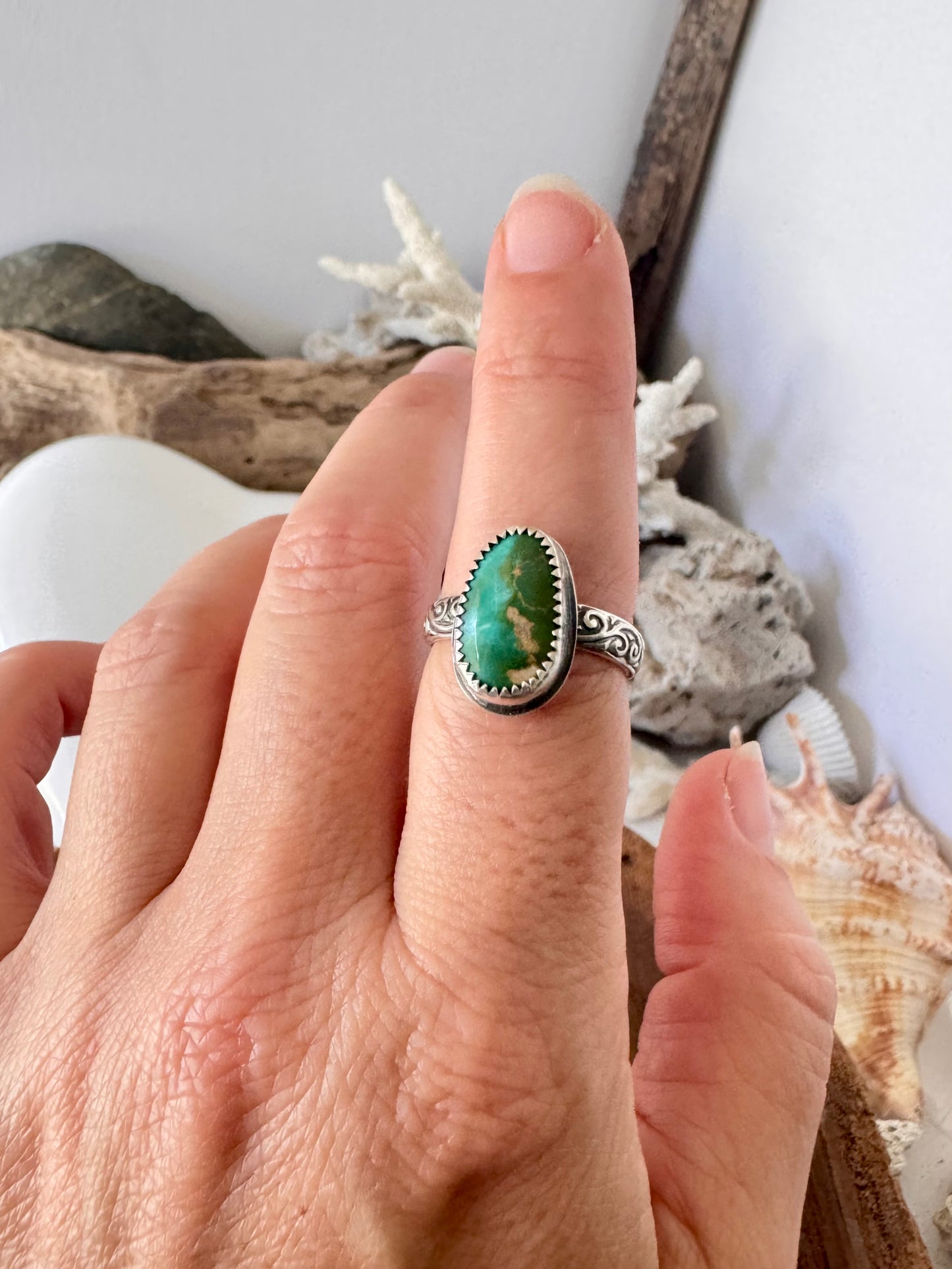 Royston turquoise ring. Handmade Shy Dragonfly turquoise ring size P/7.75