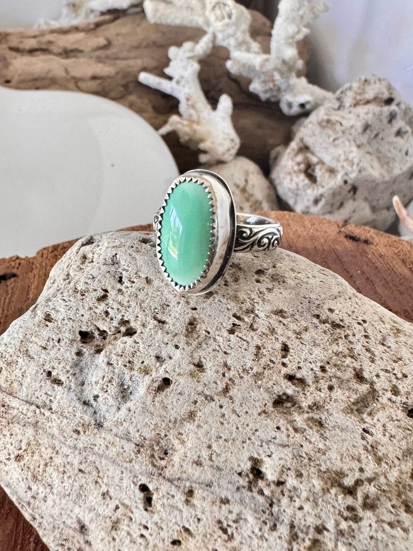 Pale green Royston turquoise ring. Handmade Shy Dragonfly turquoise ring size L/5.75