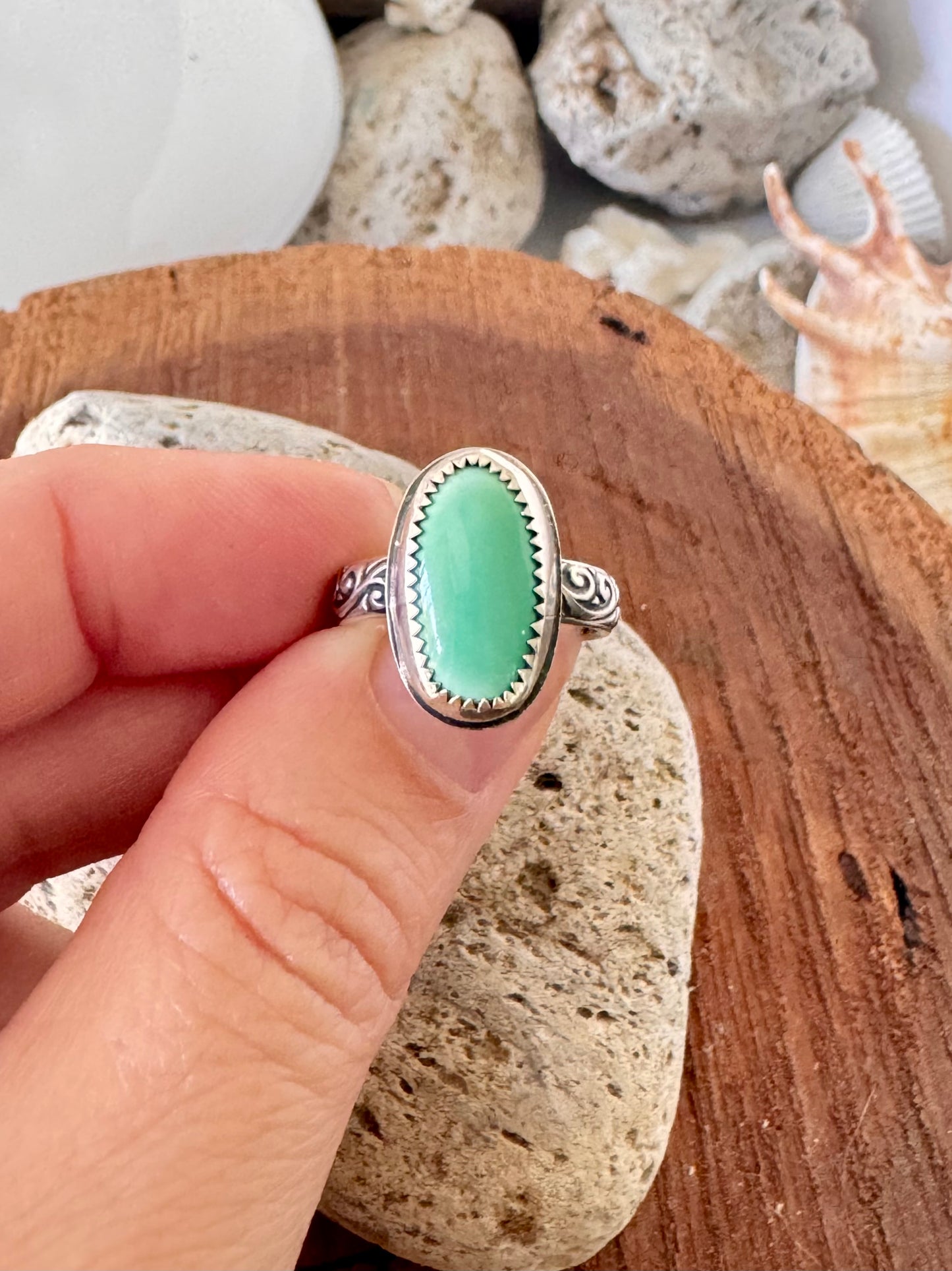 Pale green Royston turquoise ring. Handmade Shy Dragonfly turquoise ring size L/5.75