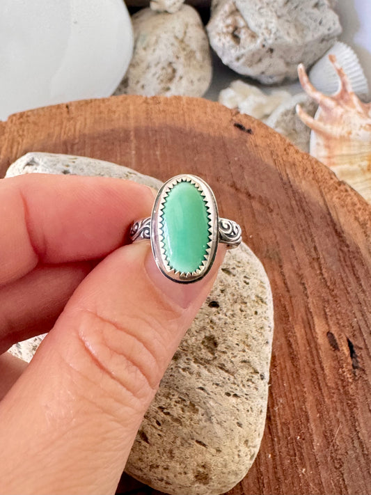 Pale green Royston turquoise ring. Handmade Shy Dragonfly turquoise ring size L/5.75