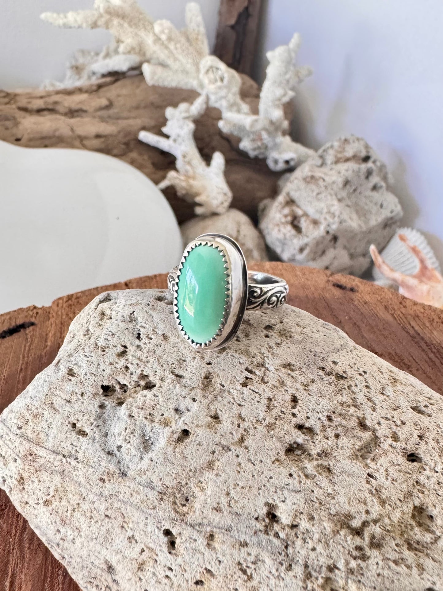 Pale green Royston turquoise ring. Handmade Shy Dragonfly turquoise ring size L/5.75