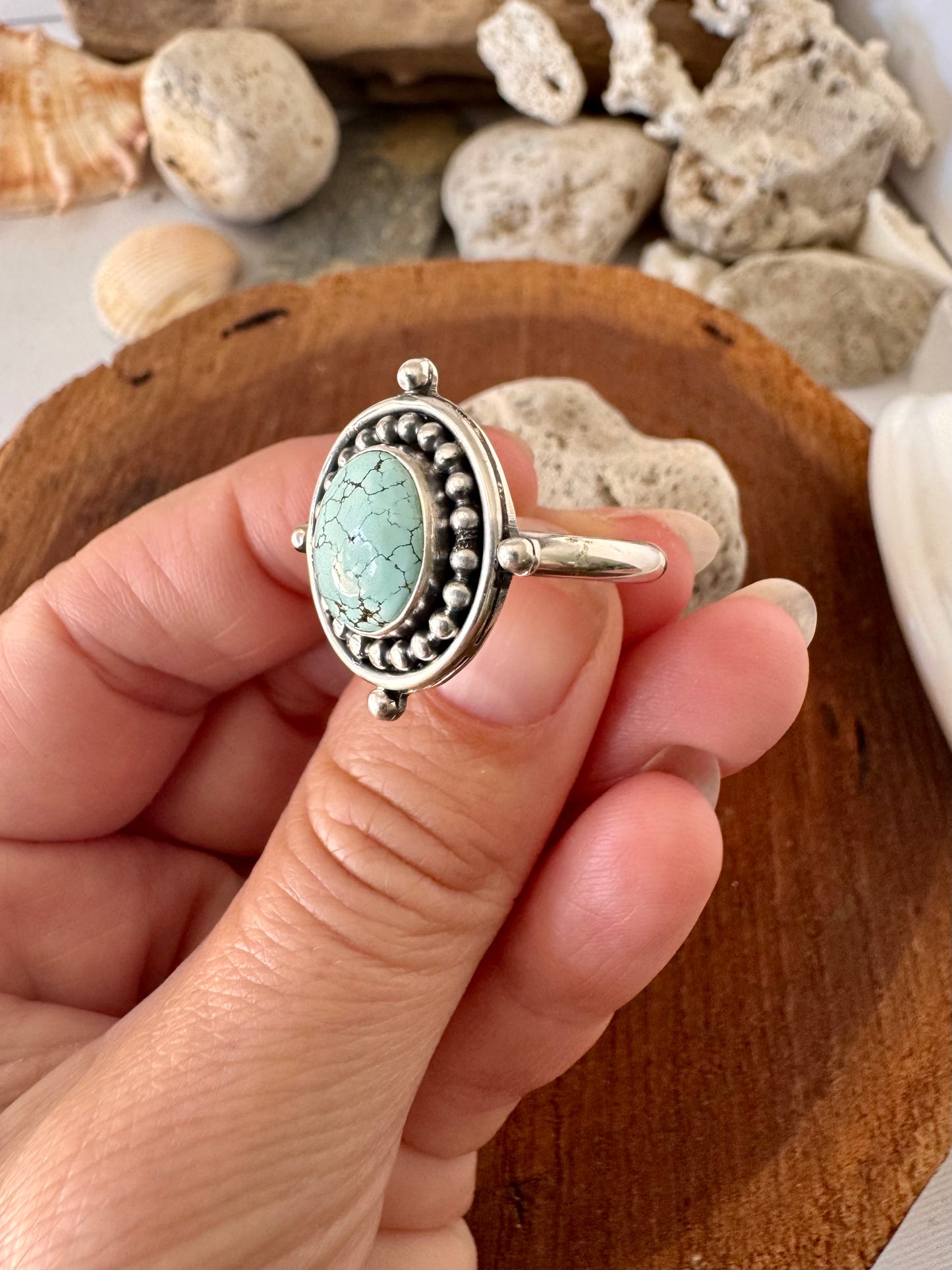 Number 8 turquoise ring. Handmade Shy Dragonfly turquoise ring size 9