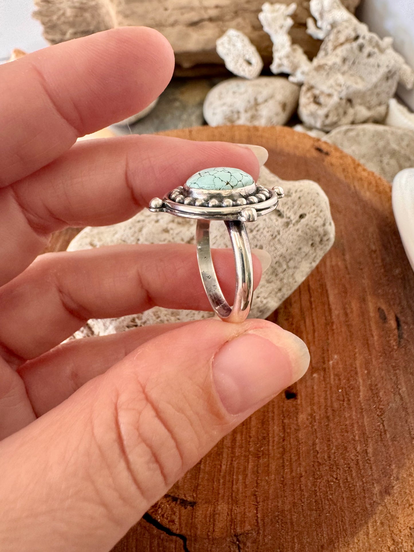 Number 8 turquoise ring. Handmade Shy Dragonfly turquoise ring size 9