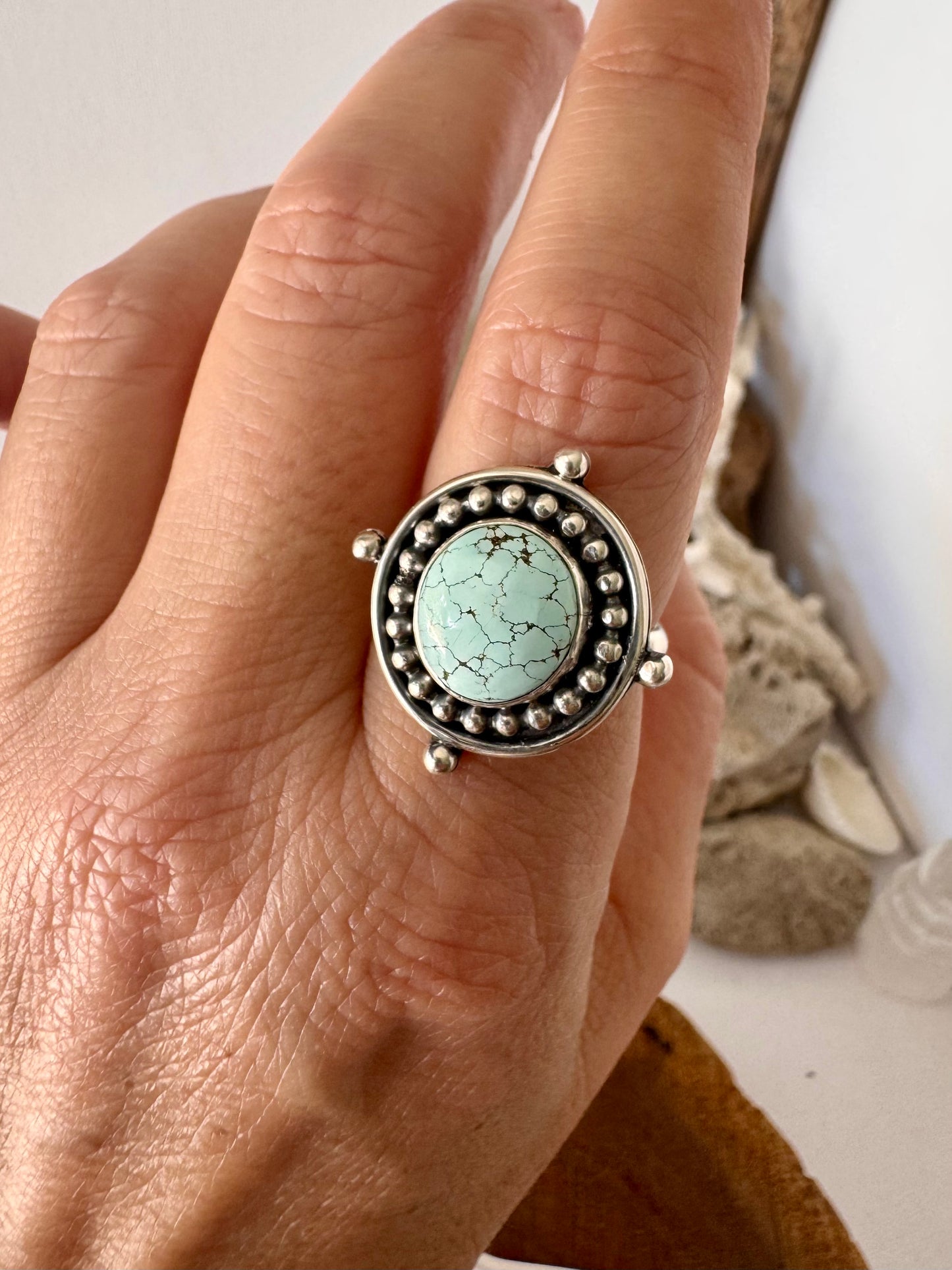 Number 8 turquoise ring. Handmade Shy Dragonfly turquoise ring size 9