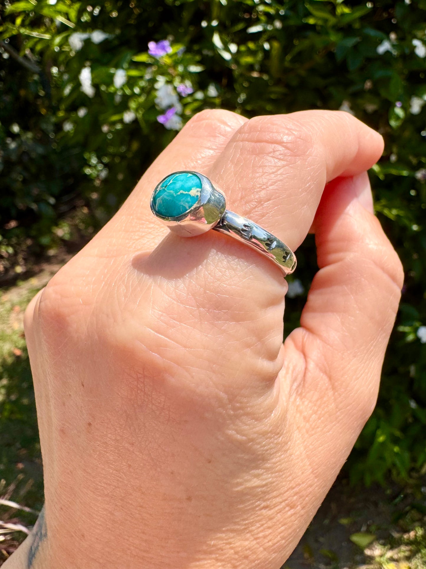 Whitewater turquoise ring. Handmade Shy Dragonfly turquoise ring size 10.25