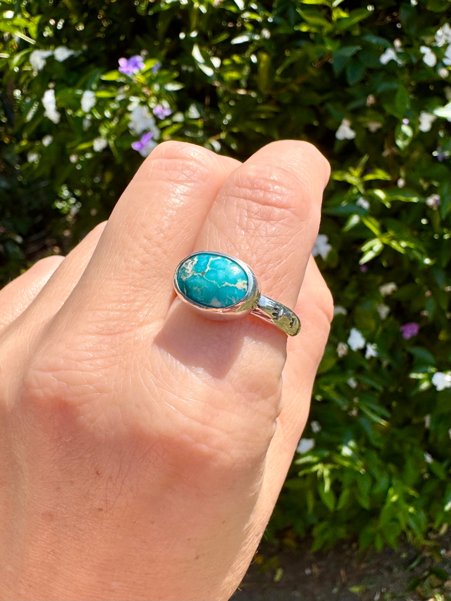 Whitewater turquoise ring. Handmade Shy Dragonfly turquoise ring size 10.25