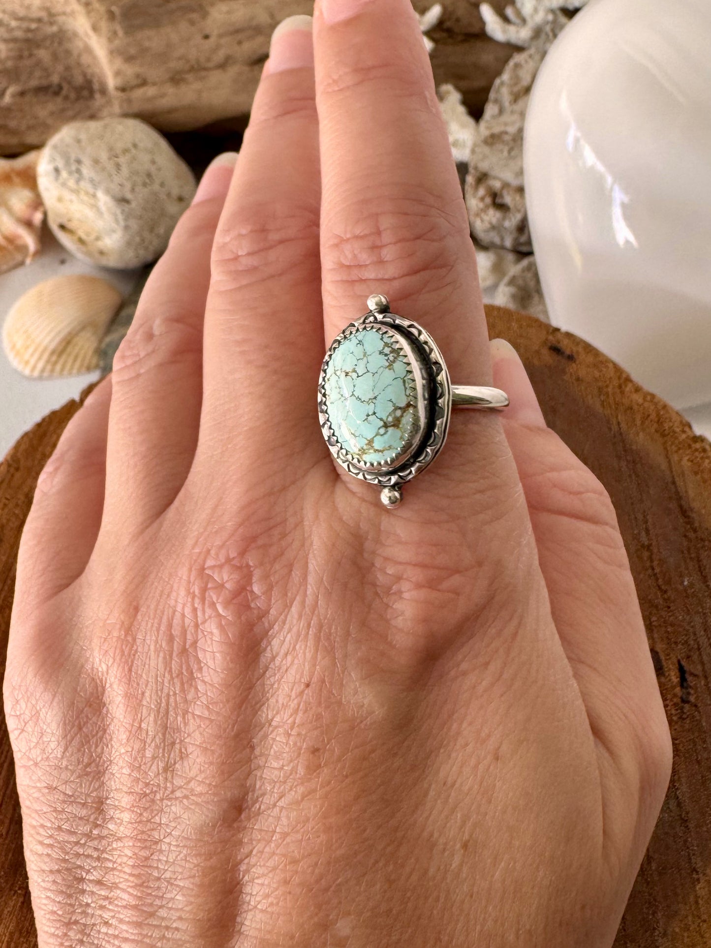 Number 8 turquoise ring. Handmade Shy Dragonfly turquoise ring size 10.5