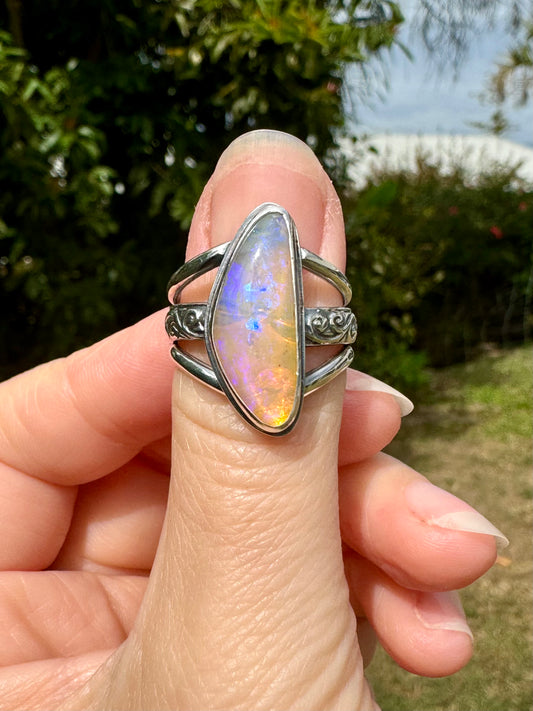 Solid Boulder Opal Ring Size 9 with hidden dragonfly