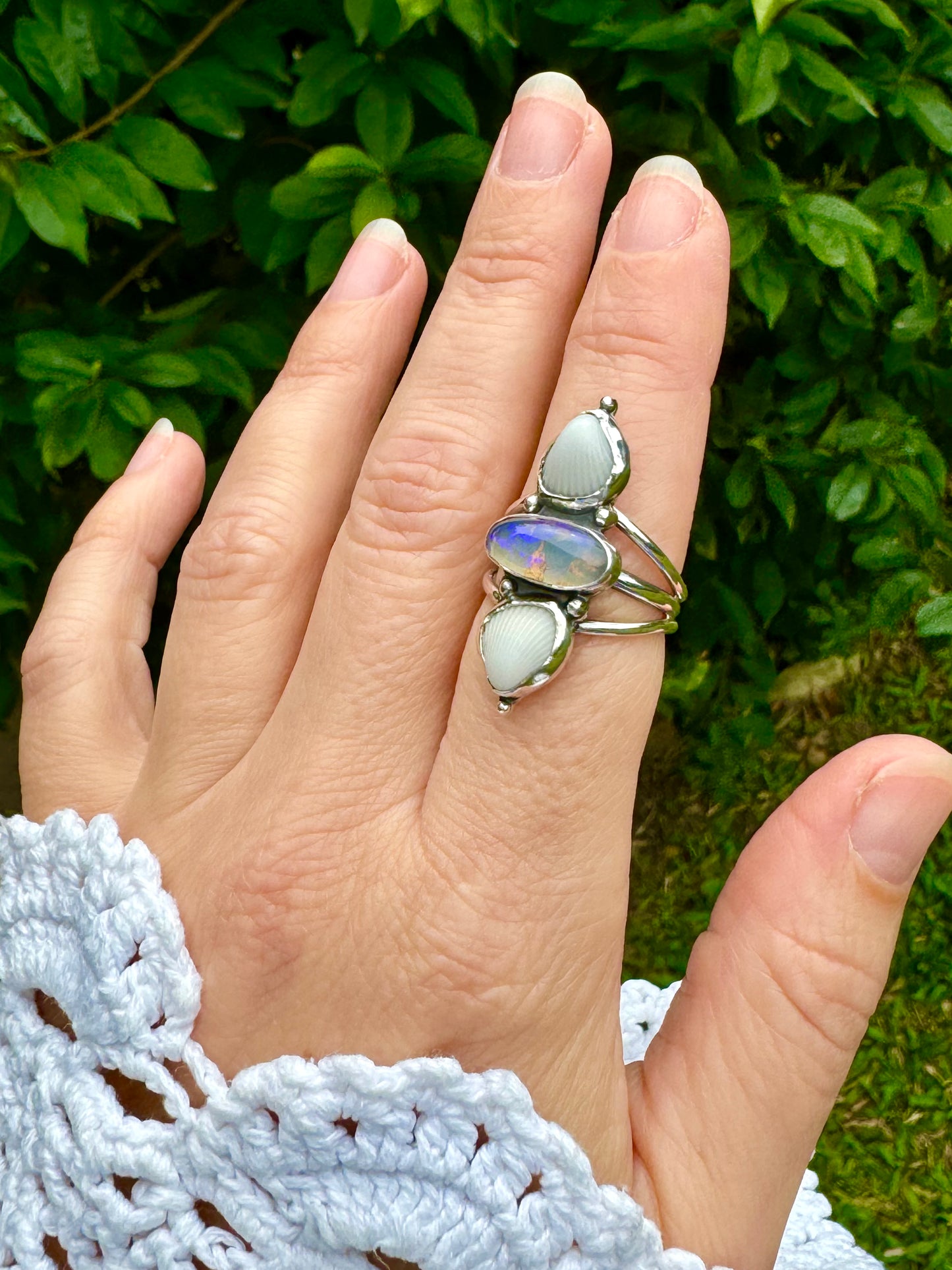 The Oceana Collection triple seashell ring with opal Size 8 (P)