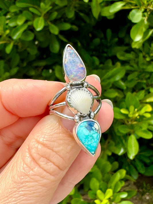 The Oceana Collection triple seashell ring with turquoise and opal Size 7.25 (O)